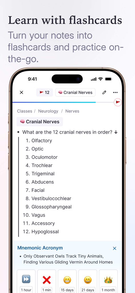 RemNote mobile app showing a flashcard for medical study with spaced repetition buttons