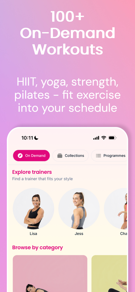 Move it Mama - Move it Mama app screen showing over 100 on-demand workouts including HIIT, yoga, and strength training with trainer profiles.