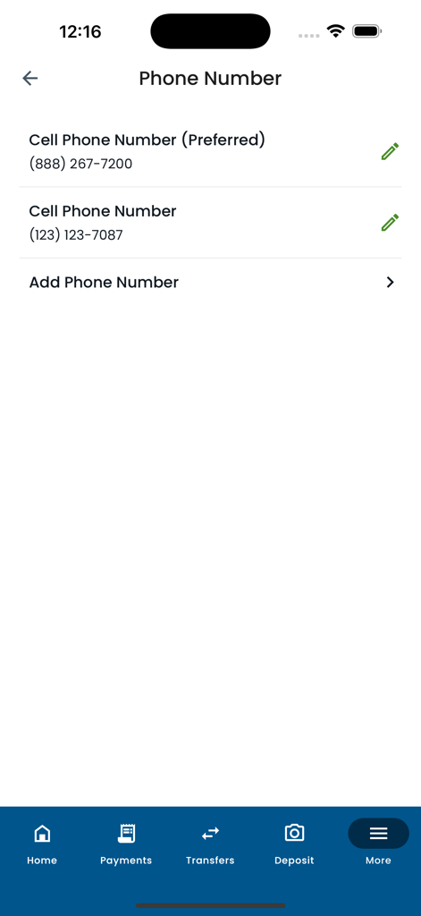 Lake Trust Mobile Banking - Pantalla de administración de números de teléfono en la aplicación de Banca Móvil de Lake Trust