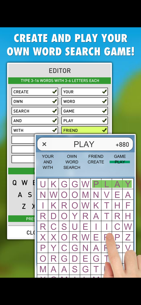 Word Search Games PROでカスタム単語検索ゲームを作成するための、パズルエディターとゲームプレイのインターフェース。