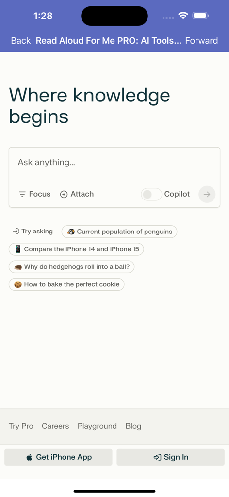 AI search interface in the Read Aloud PRO app featuring a text input field for questions and suggested search topics.