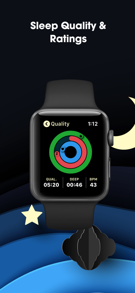 AutoSleep: Watch Sleep Tracker - Apple Watch affichant les anneaux de qualité du sommeil de l'application AutoSleep et les mesures pour le sommeil profond et la fréquence cardiaque