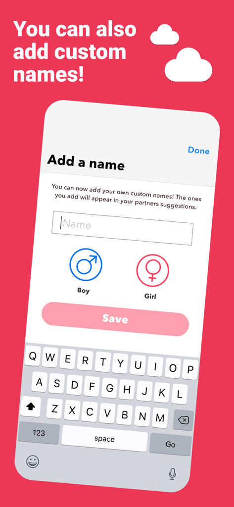 Kinder - Find Baby Names - Interface of the Kinder app showing how to add a custom baby name with gender selection