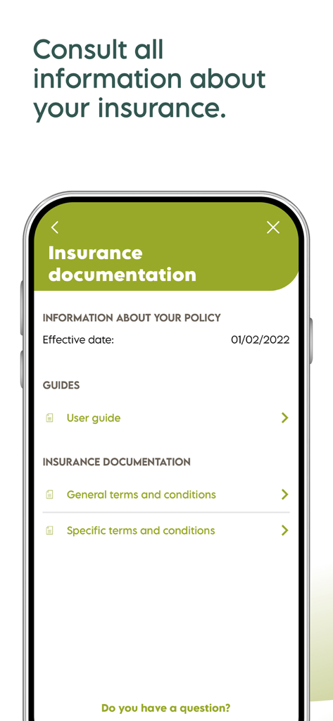 Captura de pantalla de la app móvil Activa DKV mostrando documentación del seguro, incluyendo fecha de entrada en vigor de la póliza, guía del usuario y términos y condiciones