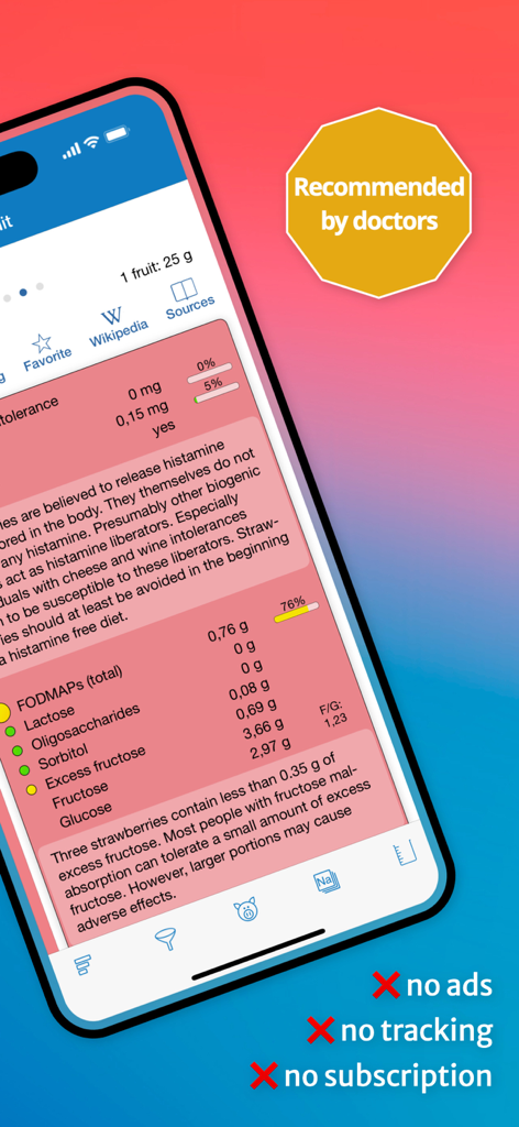 Food Intolerances - Mobile app interface showing detailed FODMAP and histamine analysis for food sensitivities