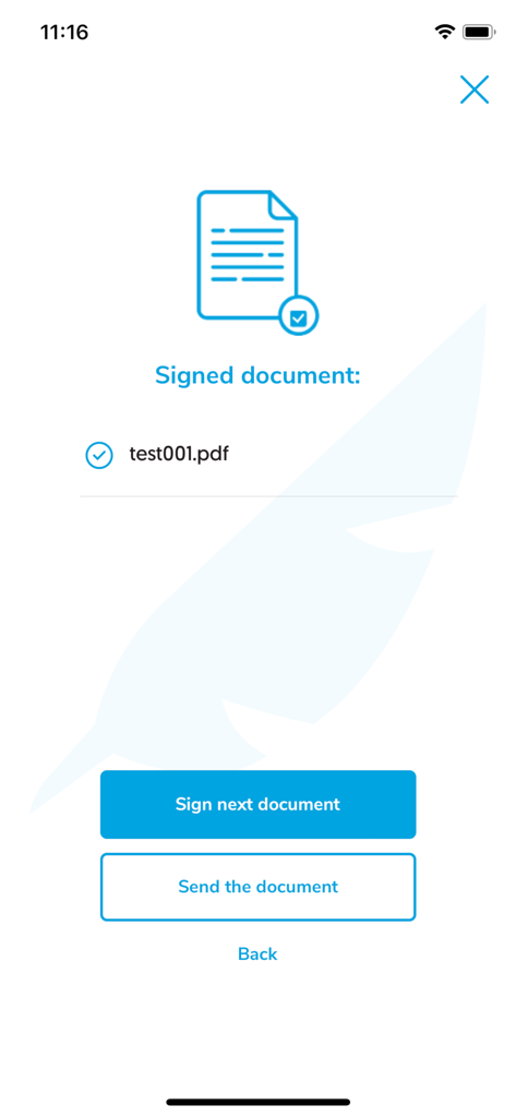 Certum SimplySign - Ecrã de confirmação no Certum SimplySign mostrando um documento PDF assinado com sucesso com opções para assinar outro ou enviar