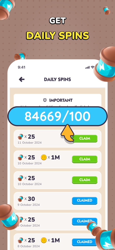 Pantalla de la aplicación móvil que muestra giros gratis diarios y recompensas de monedas para Coin Master