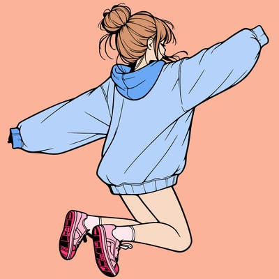 realistic girl jumping with a bun and oversized sweatshirt