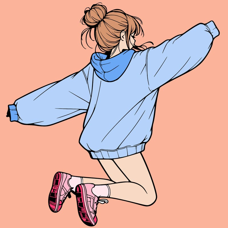 realistic girl jumping with a bun and oversized sweatshirt