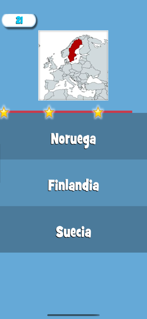 Palabra Correcta - Pregunta de trivia de geografía en la aplicación Palabra Correcta identificando a Suecia en un mapa de Europa