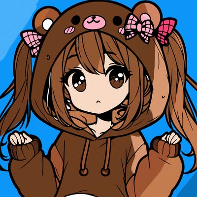 cute anime girl with ponytails and a cute bear hoodie