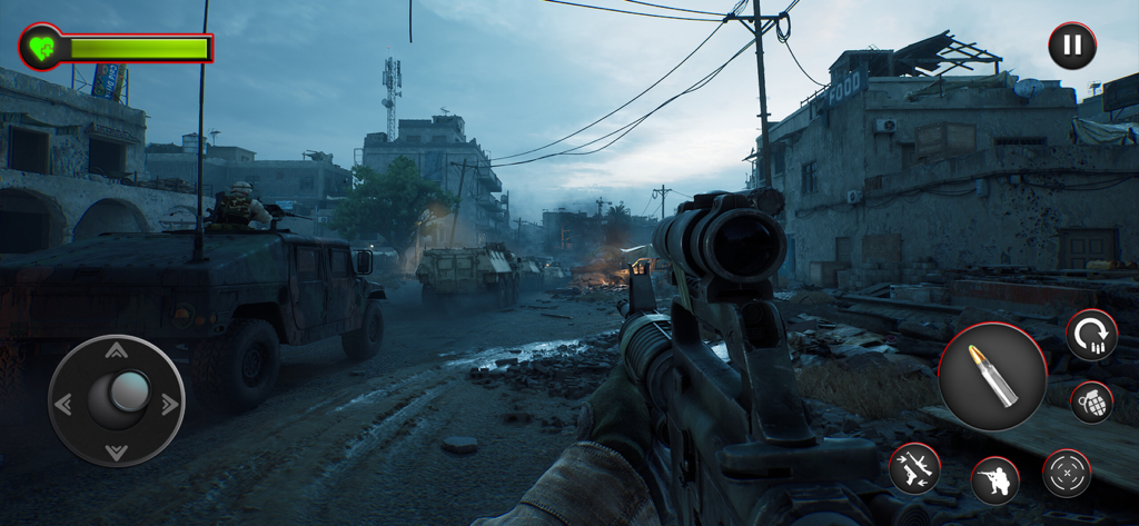 Call of Sniper -Delta Ops 2025 - First person view of urban combat gameplay in Call of Sniper Delta Ops 2025 featuring a rifle and military vehicles