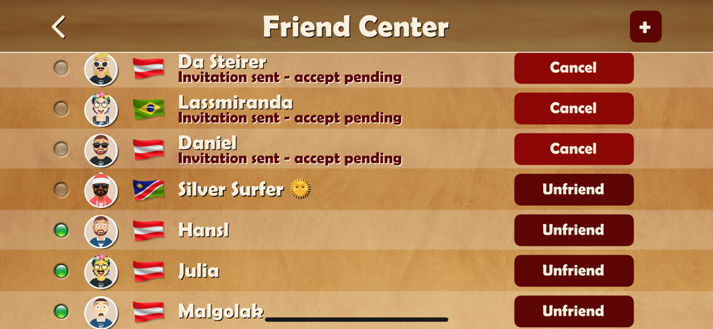 Oh Hell Online - The Friend Center screen in the Oh Hell Online card game showing a list of friends with avatars, flags, and pending invitations.