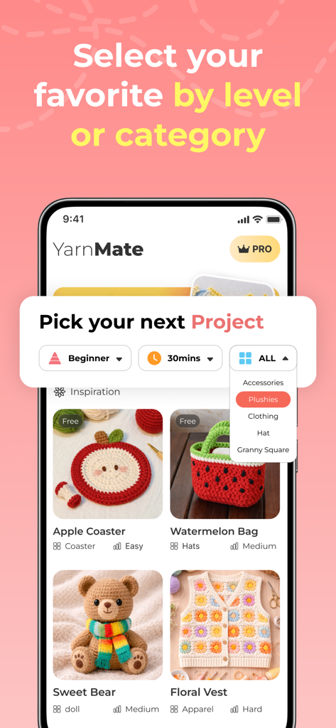 Yarnmate app screen showing a library of crochet projects with filters for skill level and category