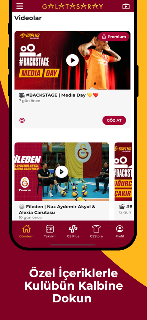 GSPlus app interface showing exclusive Galatasaray video content and premium backstage access