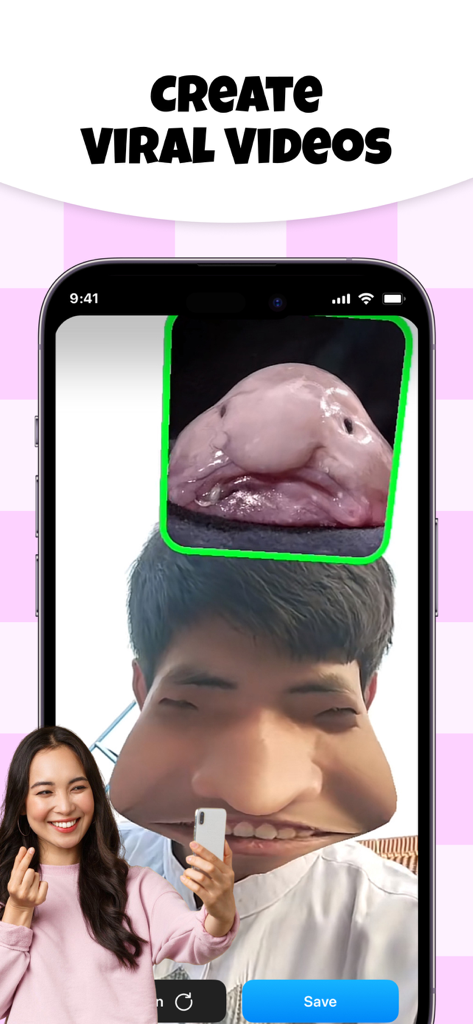 Animal Face Filter Challenge - Smartphone screen showing a person with a funny blobfish face filter transformation