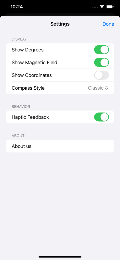 Compass XXL - Compass XXL app settings screen showing display options for degrees and magnetic field