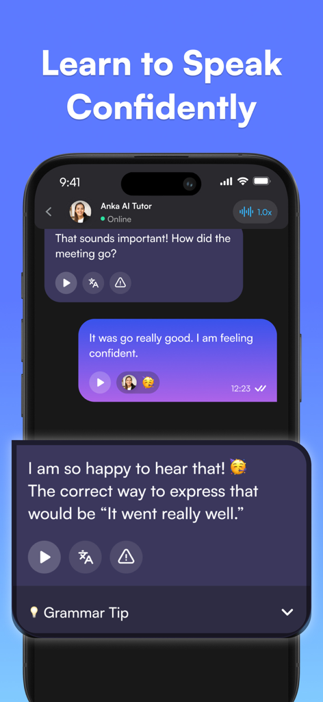 Heylama - AI Language Learning - Tutor de idiomas con IA de Heylama proporcionando consejos de gramática en tiempo real y práctica de conversación en una interfaz de chat de aplicación móvil.