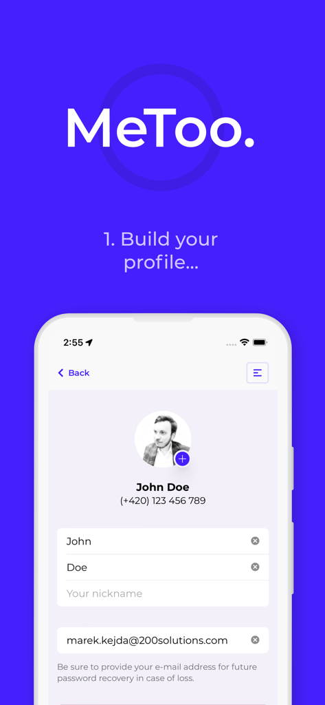 MeToo Connect - MeToo Connect app interface for creating a user profile with name and contact details