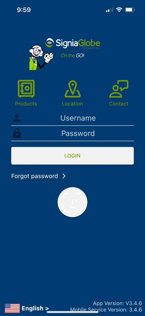 SigniaGlobe Financial Mobile - SigniaGlobe Financial mobile app login interface with username and password fields