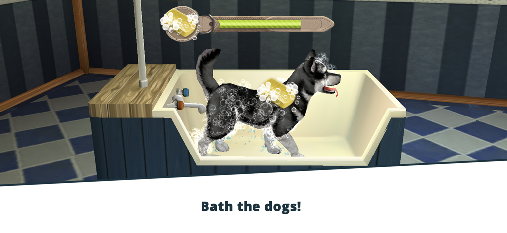 Un perro husky cubierto de espuma de jabón siendo bañado en una bañera