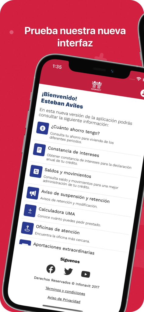 Mi Cuenta Infonavit Móvil - Panel principal de la aplicación Mi Cuenta Infonavit Movil mostrando opciones de menú para ahorros y estados de cuenta de crédito