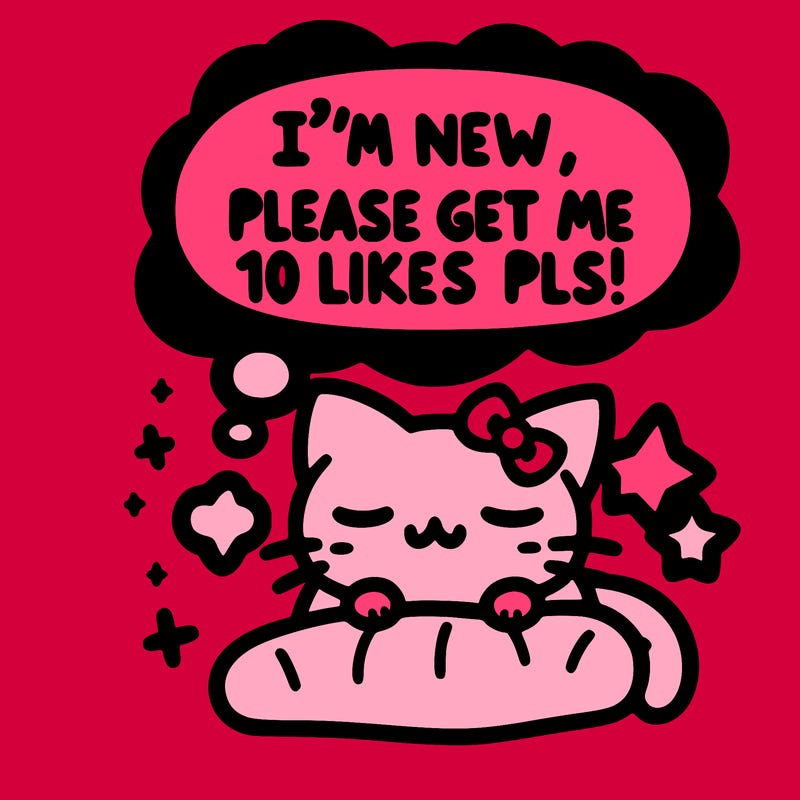 kitty taking a nap dream talking and saying "i'm new, please get me at least 10 likes pls!!"