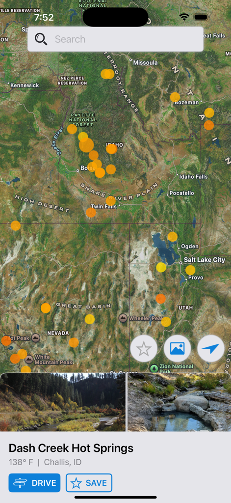 US Hot Springs - Map view showing various hot spring locations and details for Dash Creek Hot Springs in Idaho