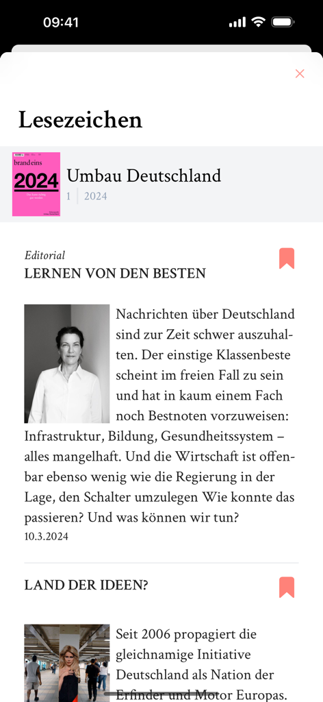 brand eins - A view of the bookmarks screen in the brand eins magazine app showing saved editorial articles.