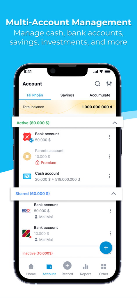 Spending Tracker-Money Manager - Schermata dell'app mobile che mostra la gestione di più conti bancari, in contanti e condivisi in Spending Tracker