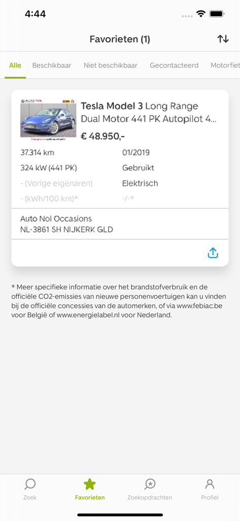AutoTrader app showing a saved Tesla Model 3 in the favorites section