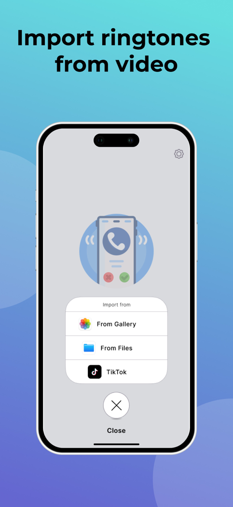 Tik Ringtones - ビデオギャラリーファイルまたはTikTokから着信音をインポートするオプションを示すインターフェース