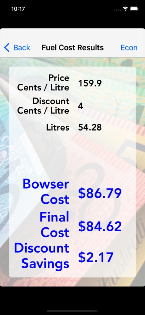 Fuel Check - Fuel Check app screen showing calculation of fuel costs and discount savings.
