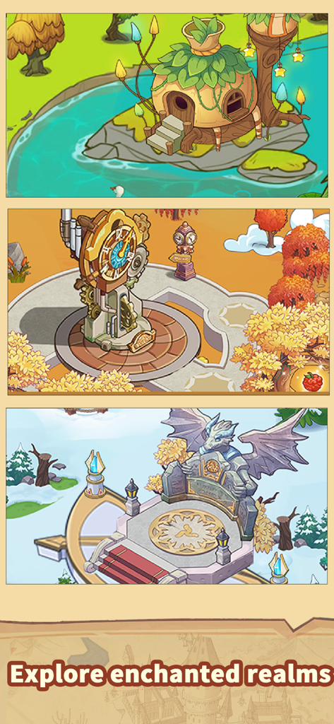 Idle Magic Academy - Três painéis verticais mostrando diferentes locais mágicos em Idle Magic Academy, incluindo uma cabana de bolotas, uma torre de relógio dourada e um santuário de dragão.