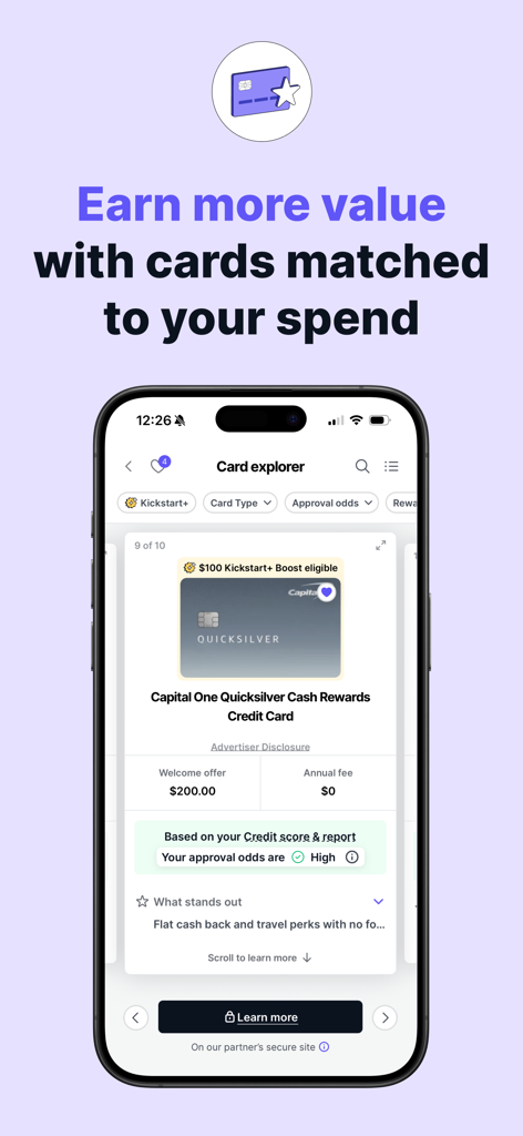 Kudos app card explorer showing personalized credit card rewards and approval odds