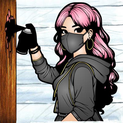realistic girl with mask spray painting a wall
