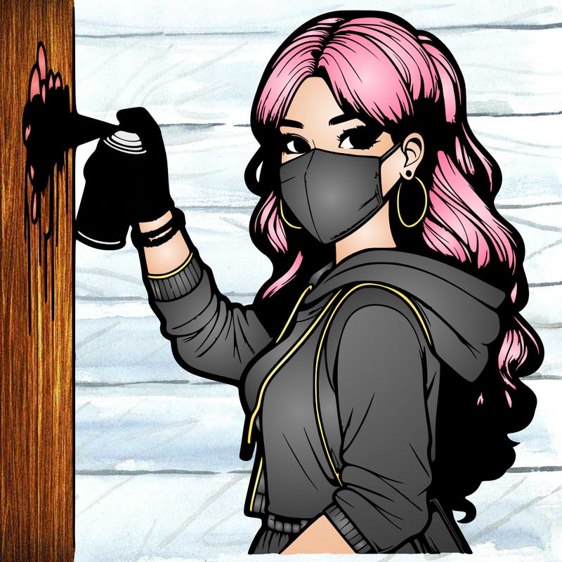 realistic girl with mask spray painting a wall