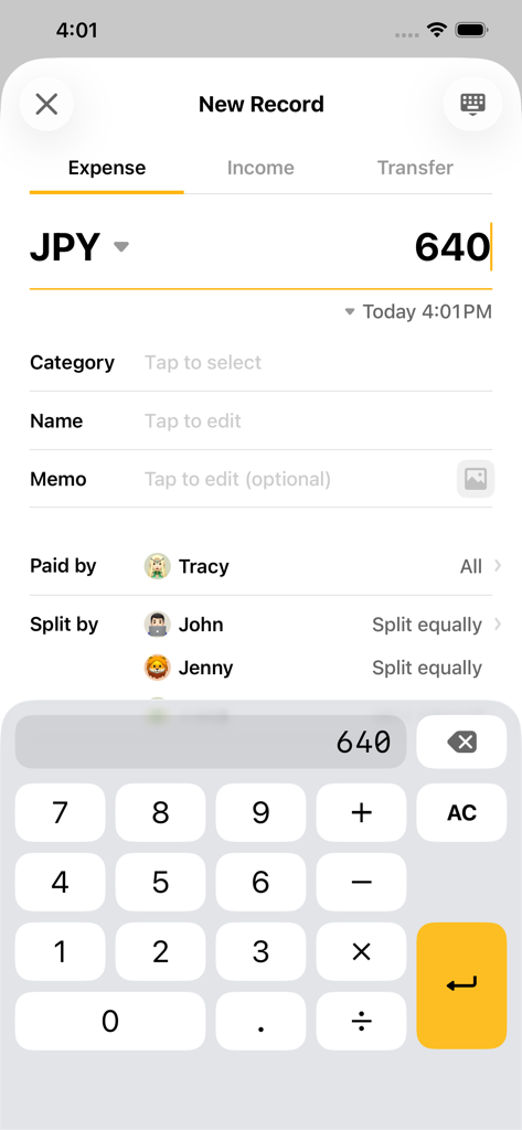 Bill Bear - Uno screenshot dell'app Bill Bear che mostra l'inserimento di una nuova spesa in Yen giapponese da dividere equamente tra amici.