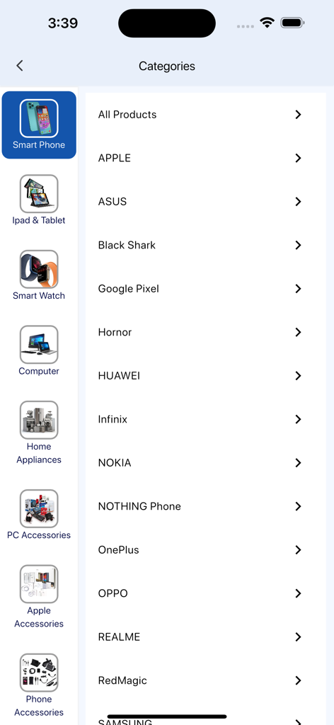 Nika Cambodia - Categories menu of Nika Cambodia app showing electronic brands like Apple Samsung and Huawei