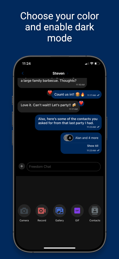 Freedom Chat - Freedom Chat app screenshot showing the dark mode messaging interface with a chat conversation and media sharing options