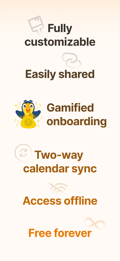Twos: Get Things Off Your Mind - A list of Twos app features including two way calendar sync, offline access, and gamified onboarding
