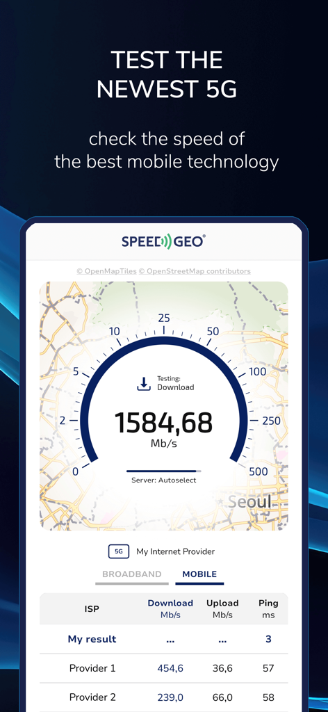 SpeedGeo mobile app interface showing a 5G internet speed test result and provider comparison on a map