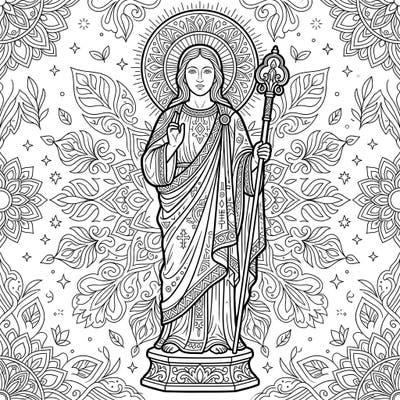 Embark on a meditative coloring journey with this exquisite religious figure sculpture. Its detailed design, from the divine figure to the ornate background, offers a truly engaging artistic experience.