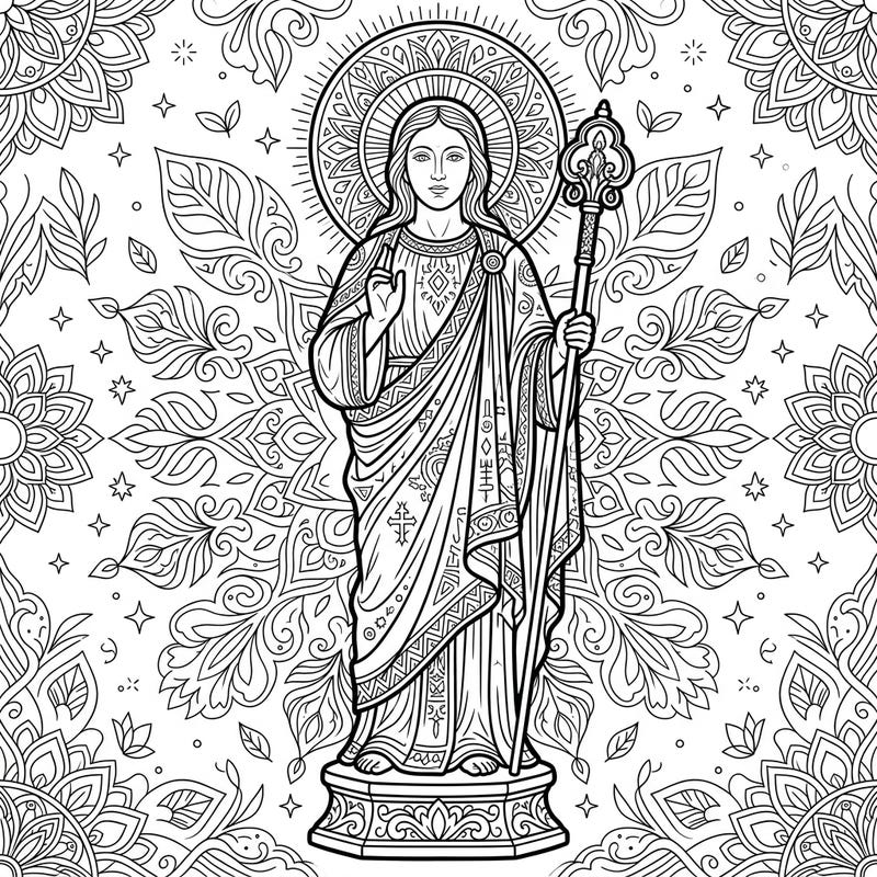 Embark on a meditative coloring journey with this exquisite religious figure sculpture. Its detailed design, from the divine figure to the ornate background, offers a truly engaging artistic experience.