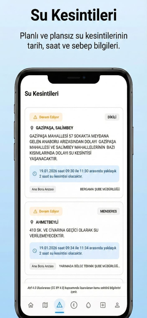 Havanın Elçisi - Hava & Deprem - Pantalla de la aplicación móvil que muestra alertas de cortes de agua planificados y no planificados con detalles de ubicación y hora