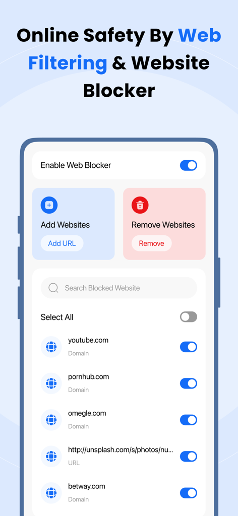 Parental Control - FamilyTime - Parental Control - FamilyTime app interface showing web filtering and website blocker settings
