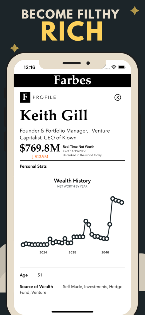A profile screen in the Trading Game app showing a net worth of 769 million dollars and a wealth history graph