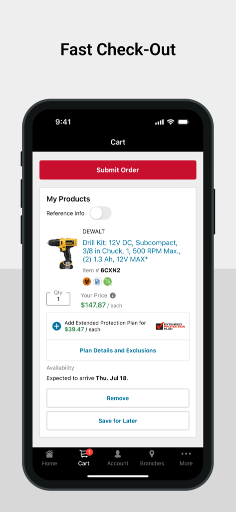 W.W. Grainger, Inc. - Mobile app screen for Grainger showing a tool in the shopping cart and a fast checkout button.