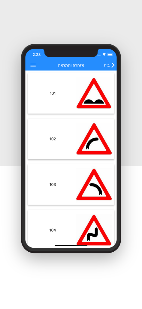 A list of Israeli road warning signs displayed on a smartphone screen within the To Drive app