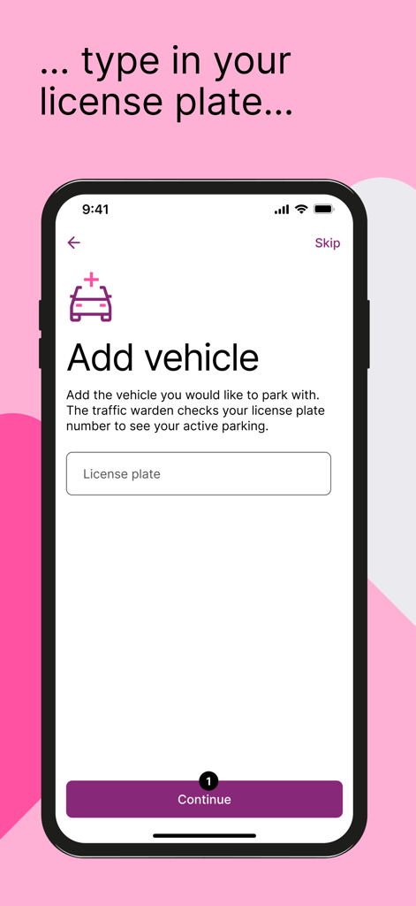 User interface of the EasyPark app for adding a vehicle by entering its license plate number